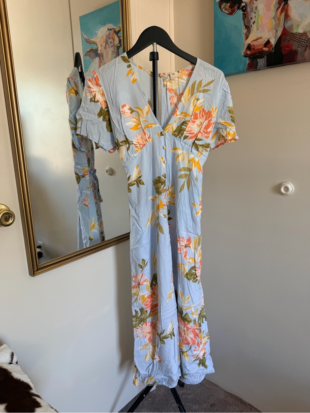 Billabong Blue Tropical Floral Button Midi Dress Tie Waist M